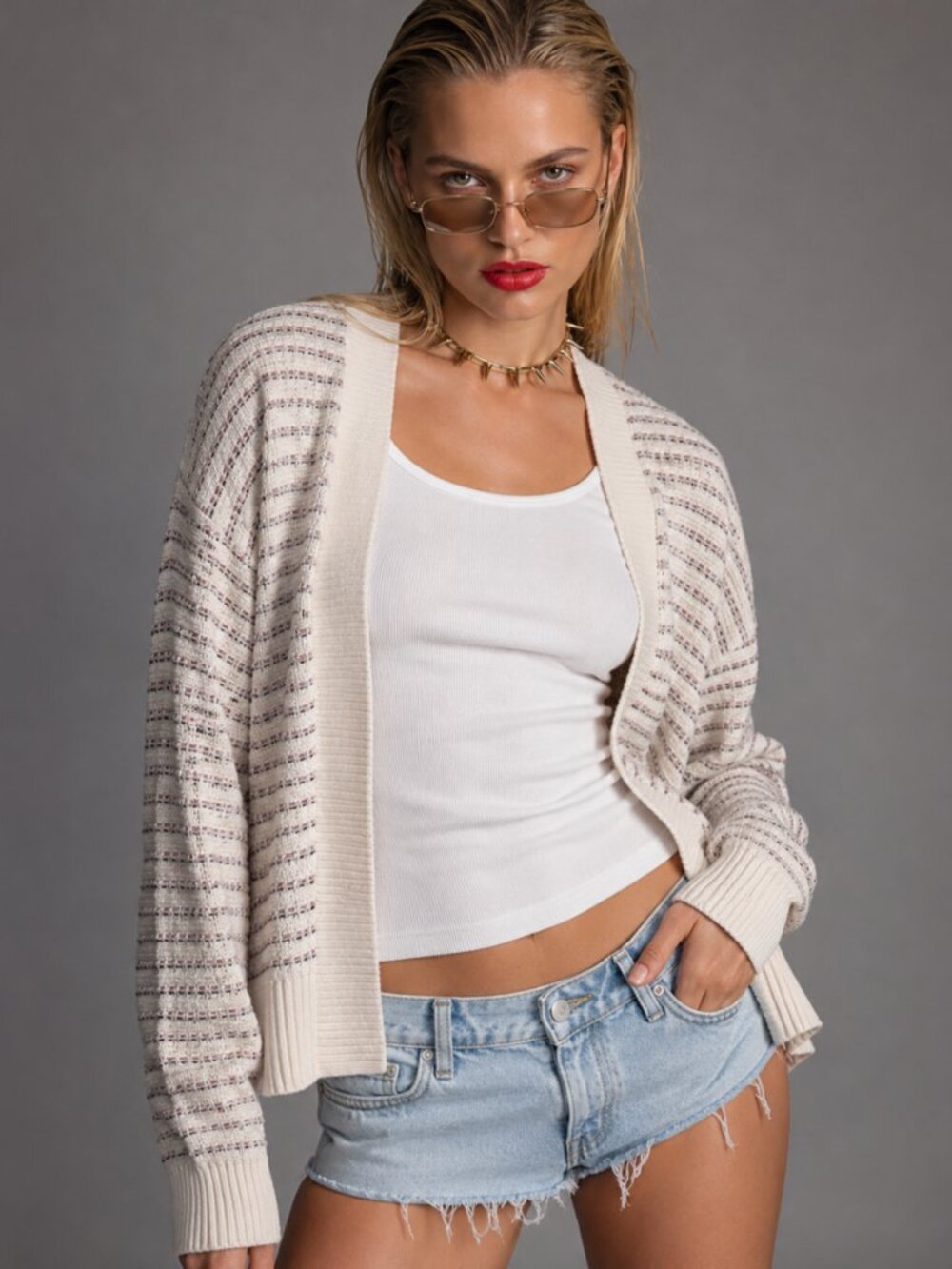 100% Cotton Nautical Stripe Open-Front Long Sleeve Cardigan Size XL